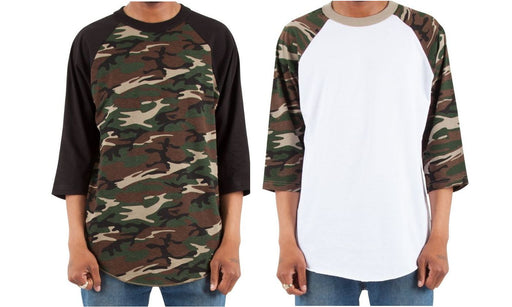 Men's Camo Crew Neck Cotton 3/4 Sleeve Raglan Baseball Tee Shirts (2 Pack)